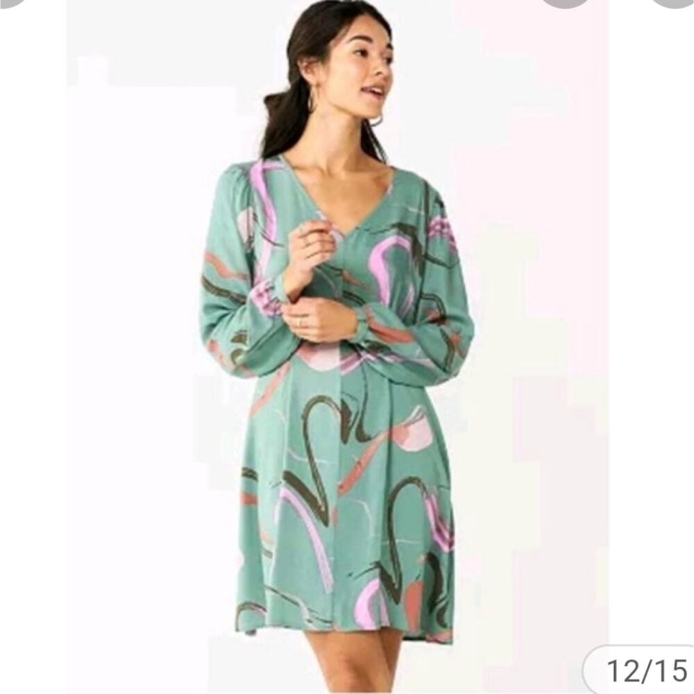 Nine West Green Swirl Tie Back Long Sleeve Rayon Dress New